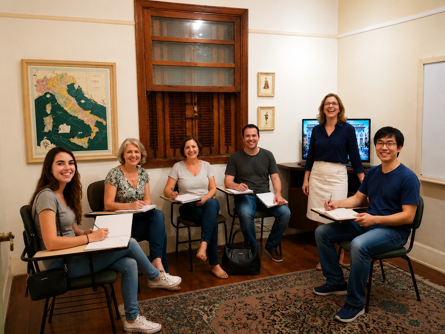 Turma em aula de italiano na Aliança Cultural Italiana